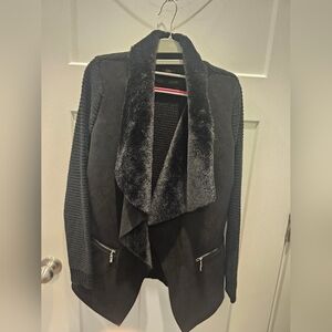 12th Heart Black Faux Suede Knit Sleeve Jacket S | Faux Fur Collar & Zip Pockets
